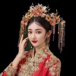 Gelin saç aksesuarları, Phoenix kronları, başlıklar, eski kıyafetler, altın, muhteşem ve büyük, taç, gösterişli ve o giyim, Çin düğün aksesuarları
