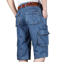 Herr shorts sommarmärke mens jeans denim shorts bomulls last shorts stor ficka lös baggy bred benbroderier Bermuda Beach Boardshort 230424