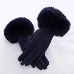 Fünf-Finger-Handschuhe Weibliche Faux-Rabit-Pelz-Wildleder-Leder-Touchscreen-Fahrhandschuh-Winter-warmer Plüsch-dicke Stickerei-voller Finger-Fahrrad-Handschuh H92 231123