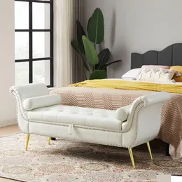 White PU Leather Bedroom Sitting Bench with Storage Space, 2 Pillows, and Hardware Feet - Stylish and Functional Furniture for Home Garden - Drop Delivery Available