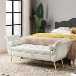 Panca per camera da letto in pelle PU bianca con spazio per riporre oggetti, 2 cuscini e piedini in metallo - Mobili eleganti e funzionali per il giardino di casa - Consegna disponibile