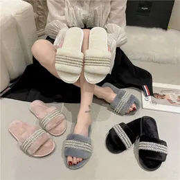 Autumn Winter New Plush Slippers Women Home Plush Pearl Flip Flops Warm Floor Tisters 231007