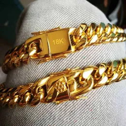 collana Uomo Glod Catena cubana Collana Gioielli Alta lucidatura Hip Hop Curb Link Doppi fermagli di sicurezza 18K timbrato 14mm da 18 pollici a 30 pollici