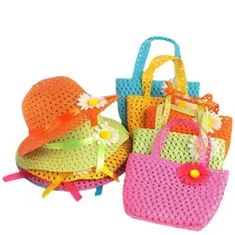 Caps s Summer Sunflower Straw Handbag Suit Kids Beach Breathable Flower Tote Set Hat and Bag for Girl Accessories 2-6 Years P230424