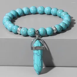 Strand Fashion Natural Stone Bracelet Turquoises Beads Hexagonal Prism Pendant Bracelets Therapy Elastic Jewelry For Men Women