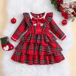 Mädchen Kleider Prinzessin Weihnachten Kinder Kleidung Kinder Mädchen Kleid Plaid Print Langarm Rundhals A-Linie Mit Schleife Für Kleinkind