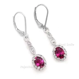 Doğal Rhodolit Garnet ve CZ Sterling Sier Oval Kesim Taş Halo Kol Geri Damla Küpeler 7x5 mm Taş Boyut