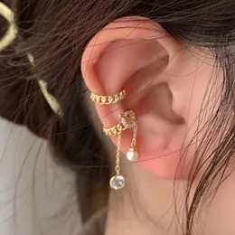 バックイヤリングクリップオンスクリューバック2pcs/set long tassel circle ercuff hole piercing pearl clip for women crystal drop ear cuff korean