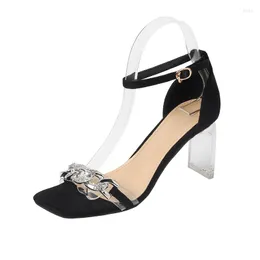 Sandals Size 34-40 2023 Summer Buckle Open Toe Women Square-head Fashion Rhinestone Sier 8cm High Heels