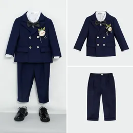 Suits Children's Autumn Formal Solid Color Suit Set Boys Wedding Party Host Pography Costume Kids Blazer Vest Pants Bowtie Clothes 230424