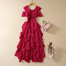 2024 Spring Pink Solid Color Ruffle Floral Lace Dress Off Shoulder Square Neck Paneled Midi Casual Dresses S3N161116