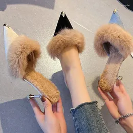 Dress Shoes 2023 Women High Heel Fur Slippers Mules Pointed Toe Furry Slides Fashion Elegant Luxury Designer Flip Flops Noble