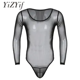 Macacões femininos macacóis masculinos veem através de roupas íntimas malha transparente bodysuit de calcinha