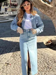 Saias jeans de jeans middle dividir a cintura alta azul de botão casual bolso jean saia feminina moda primavera roupas de rua 230424