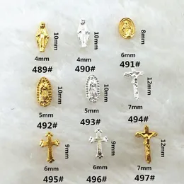 Decorazioni per nail art 100 pezzi Saint Charms per unghie in metallo Design giapponese Gesù Giuda Croce Oro Argento Lega 3D Accessori per unghie Fornitura per manicure JE489-497 231123
