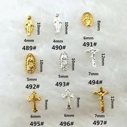 Dekoracje gwóźdź 100PC Saint Nail Charms Metal Japończyk Jezus Judas Cross Gold Silver 3D Alloy Paznokcie Akcesoria Manicure Zaopatrzenie JE489-497 231123