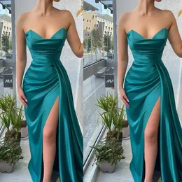 Turquoise Mermaid Long Bridesmaid Dresses Sweetheart Pleats Evening Party Gown With Split Sexy Satin Prom Dress For Guest 415