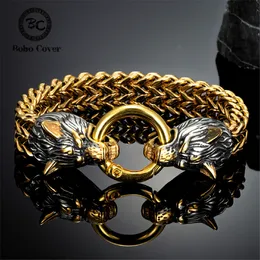 Charm Bracelets Punk Norse Viking Wolf Head Bracelets Gold Color Stainless Steel Mesh Chain Bangle Antique Black Amulet Male Jewelry Accessories 230422