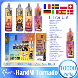 Authentic Randm Tornado 10k Puff Disposable Vape Pen 20ml Pod Mesh Coil 1000mAh Rechargeable Battery Air-Adjustable 2% 5% Level Puffs 10k E Cigarette 24 Flavors