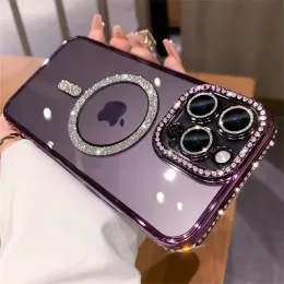 マグサフのためのクリアメッキグリッターダイヤモンド磁気電話ケースiPhone 15 11 12 13 14 Pro Max Rhinestonesカメラレンズ保護カバー