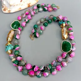 قلادات مطرز KKGEM 21 "-23" 2strands 12mm Fuchsia Green Faceted Egate White Biwa Pearl Crystal Turquoise Necklace 231124