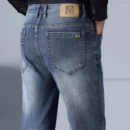 Calças de brim masculinas 2023 outono homens em linha reta vintage solto meados cintura bigodes lavados calças jeans negócios casual marca roupas