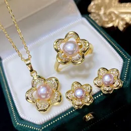 Orecchini da collana impostati ad anello di perle d'acqua dolce naturale di alta qualità Abito a tre pezzi di lusso Elegante Temperamento