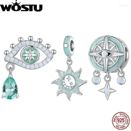 Pedras preciosas soltas wostu 925 prata esterlina estrela verde bússola charme sol e lua pingente de olho de demônio contas caber pulseira original feminino diy