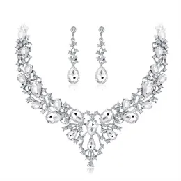 Silver Color Crystal Bridal Jewelry Set Water Drop Choker Halsbandörhängen Set Wedding Ornament för Women Pageant Party