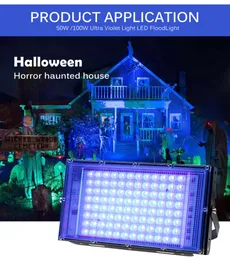 Holofote LED UV 110V 220V 50W 100W Luzes Festa 395nm 400nm IP65 Lâmpada de palco fluorescente ultravioleta à prova d'água com plugue EUA/UE