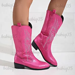 Stivali ricamo rosa stivali da cowgirl donna 2023 autunno tacchi bassi alti al ginocchio fischi occidentali donna taglie forti 43 slip on con tacco cowboy Botas T231124