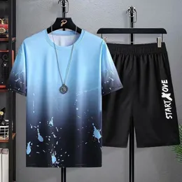 Мужские спортивные костюмы Лето-модная мужчина повседневные пляжные шорты Мужский набор 3D-печать O-образной вершины негабаритная футболка спортивная одежда 2 штуки 230424
