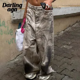 Women's Jeans Darlingaga Grunge Retro Tie Dye Baggy Jeans Female Low Waisted Distressed Street Style Wide Leg Trousers Denim Washed Capris Y2K 231124