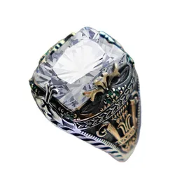 Handmade Turkish Signet Rings for Men Ancient Silver Color Carved Ring Mystic Zircon Inlay Punk