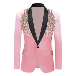 Abiti da uomo Blazer rosa Abito con paillettes ad ala Blazer Marca Giacca con bottone singolo Uomo Festa di nozze Stage Smoking dello sposo Roupa Masculino 231123