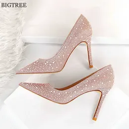 2022 Design Rhinestone Fashion High Heels Shoes Autumn Women Pumps Black Pink Blue Pointed Toe Woman Crystal Wedding Shoe Party 230424