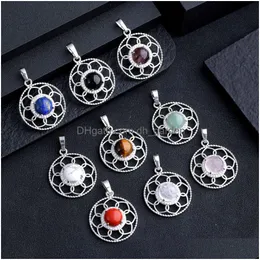 Charms Natural Stone Crystal Carving Round Sunflowercharms Tiger Eye Rose Quartz Rhinestone Women Pendants For Necklace Jewe Dhgarden Dhl6U