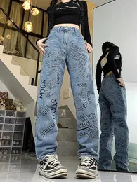 Jeans femininos wcfcx estúdio y2k 2023 design sentido nicho pintado à mão graffiti carta perna larga calças retas mulheres pantalones