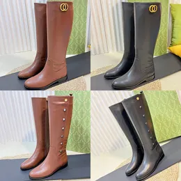 2023 Designer Luxus reine Farbe Oberschenkelstiefel G-Familie Damen echte Leder-Metallschnalle Englisch-Stiefel Ladys Mode runde Zehen mit hohen Heeled Schuhen Größen 35-40