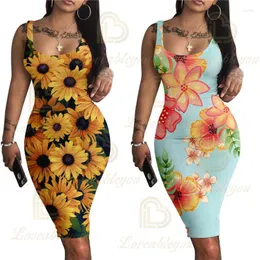 Casual Dresses Vestidos Mujer Verano 2023 Plump Women's Floral Print Sunflower Sleeveless Dress Slim Vest Sexig Party Robe Longue Pench