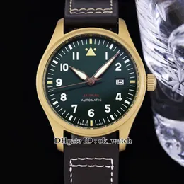 Высококачественный 39 -мм 39 -мм Miyota 9015 Автоматические мужские часы бронза IW326802 Оливковая зеленая набор коричневый кожаный госпожа Sport Watches298s
