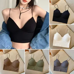 Camisoles & Tanks Women Seamless Crop Top Underwear V-Shaped Camisole Thin Straps Striped Solid Gather Bralette Lingerie One-Piece Tube Tops