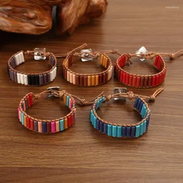 Strand Bohemian Cylinder Emperor Stone Armband Vintage Cowhide Rep Woven Bangle Natural Healing Multicolor Metal Button Armband