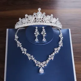 Nakrycia głowy wspaniałe srebrny kolor kryształ biżuterii ślubnej modne kolczyki koronowe Choker Naszyjnik
