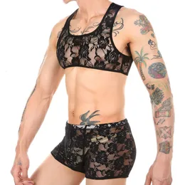 Homens S Sexy Lace Sheer Porn Shorts Set Transparente Crop Top Boxers Respirável Sutiã Erótico Romance Sissy Calcinha Biquíni