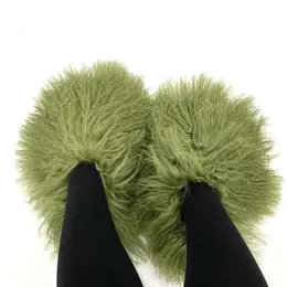 Slipare fabriksprisdesigner Real Tan Sheep Fur Women Slides tofflor för säsong med anpassad färg 231124