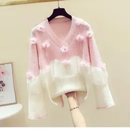 Swetery kobiet hyun ya feng siatka splatać słodki sweter 3D kwiatowy kontrast kolorowy