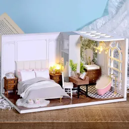 Arkitektur/DIY House Bedroom Doll House Mini Diy Kit för att göra rumsleksaker Heminredningar med möbler Trähantverk Tredimensionella pussel 231123