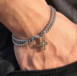 Charm Bracelets Double Chain Cross Hollow Stainless Steel Wrist Lobster Claw Clasp Bracelet Fashion Hip Hop Punk Party Mens Jewellery 230424