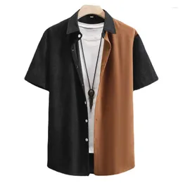 Mäns casual skjortor mode mens två ton corduroy splice turn-down collar kort hylsa knapp upp skjorta svart brun
